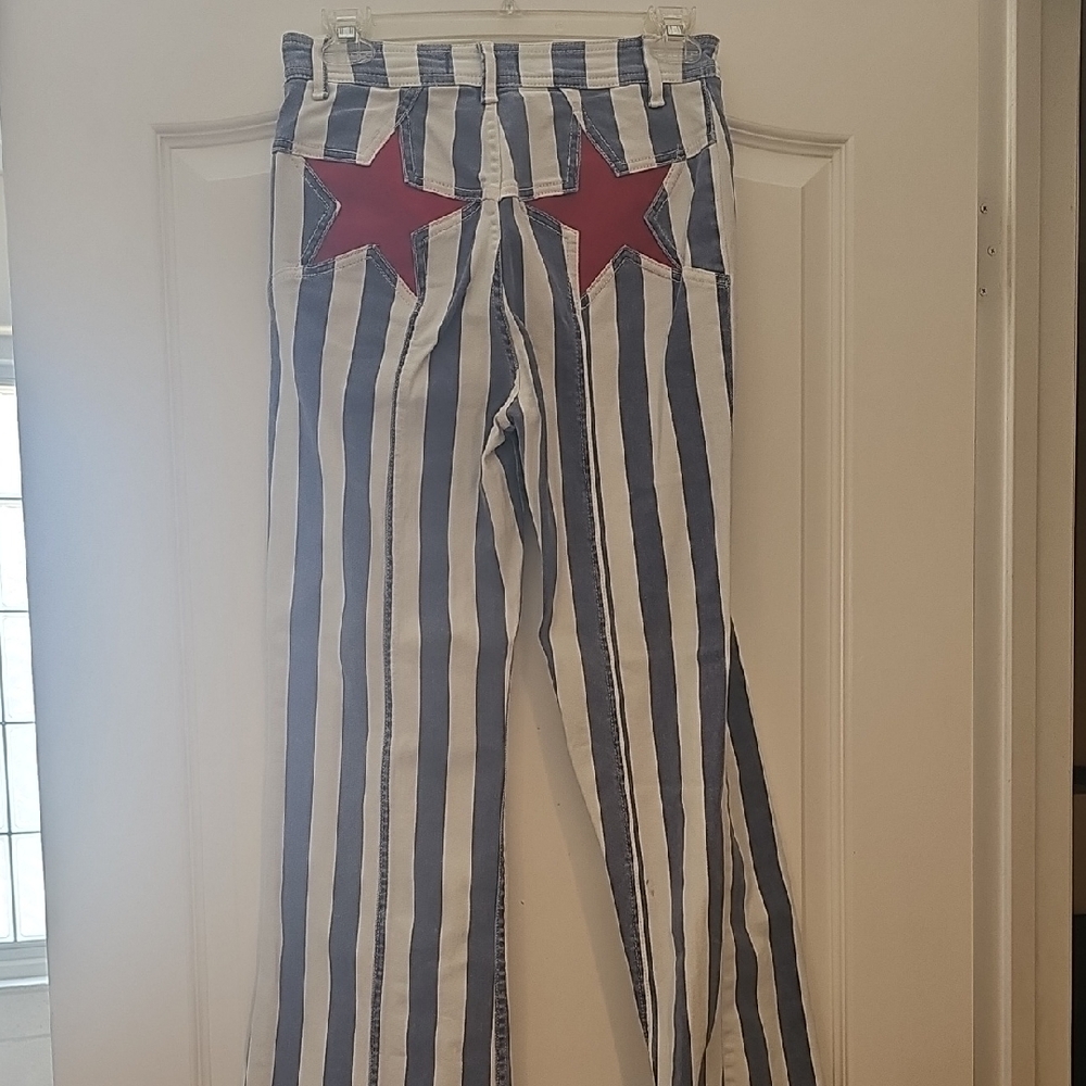 Free People Navy & White Striped Flare Jeans with Red Star Patches